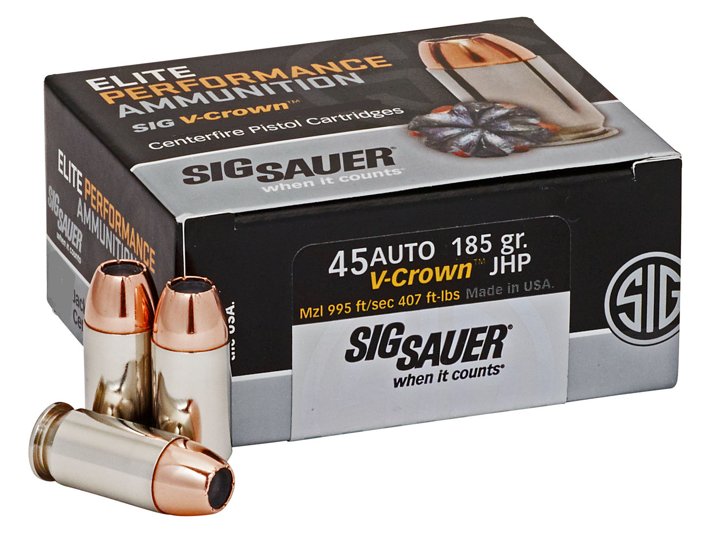 Sig Sauer Elite V-crown, Sig E45ap0-50     45      185 Jhp Vcrwn      50/10