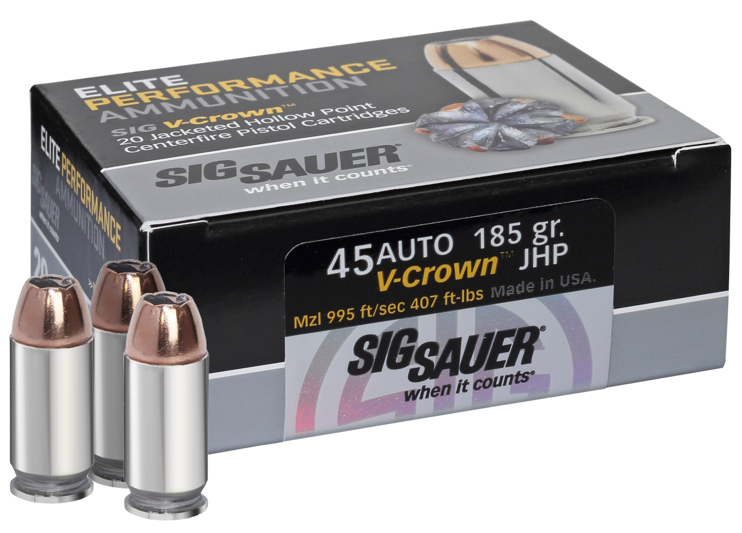 Sig Sauer Elite V-crown, Sig E45ap0-20 45 185 Jhp Vcrwn 20/10