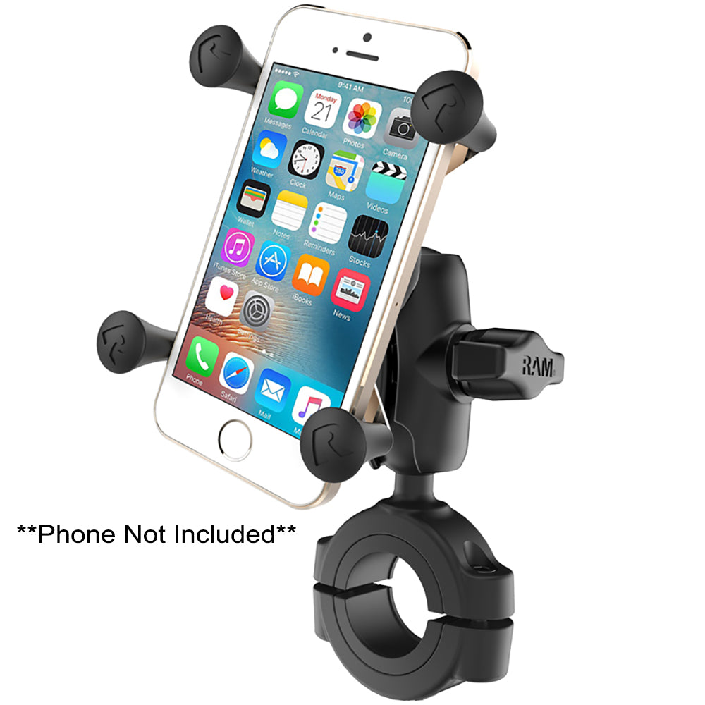 RAM Mount RAM® Torque™ 1 1/8" - 1 1/2" Diameter Handlebar/Rail Base with B Size 1" Ball, Short Arm and X-Grip® for Phones