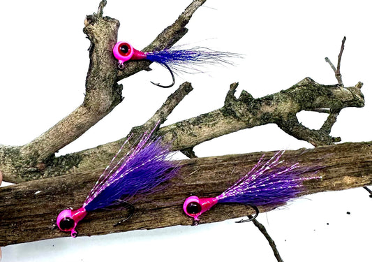 crappie hand tied jigs -Popeye pink and purple 3 pack custom hand tied crappie jigs by Sid Louis Jr (Copy) (Copy)