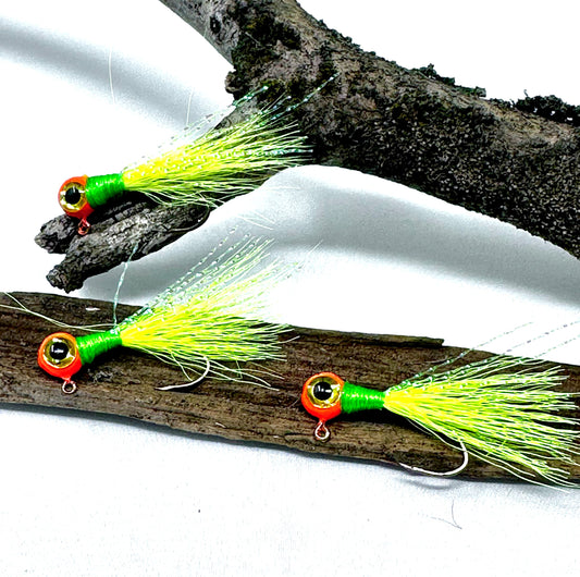 crappie hand tied jigs -popeye orange chartreuse, 3 pack custom hand tied crappie jigs by Sid Louis Jr.