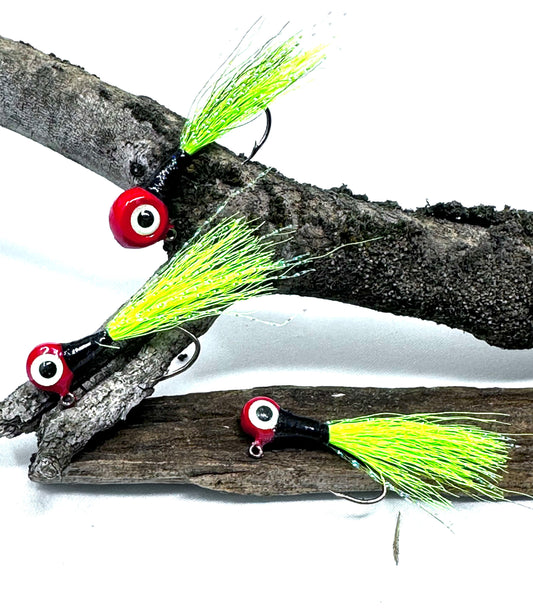 crappie hand tied jigs -popeye red chartreuse, 3 pack custom hand tied crappie jigs by Sid Louis Jr