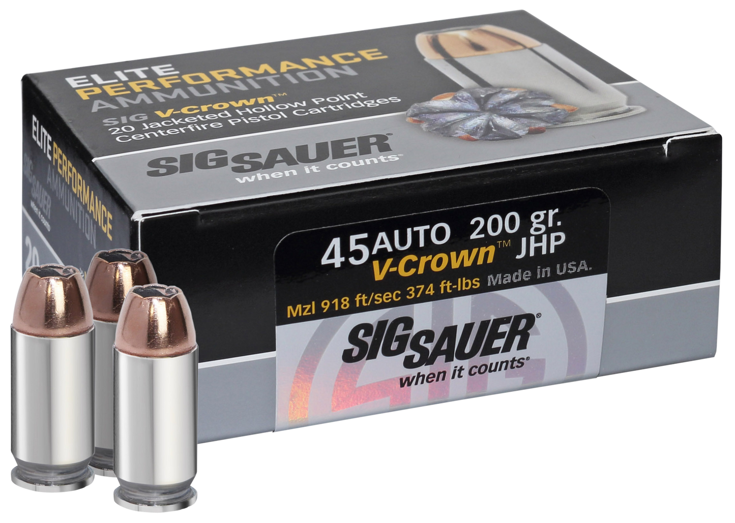 Sig Sauer Elite V-crown, Sig E45ap2-20     45      230 Jhp Vcrwn      20/10
