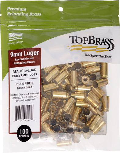 Top Brass Once Fired Unprimed - Brass 9mm 100ct Pouch