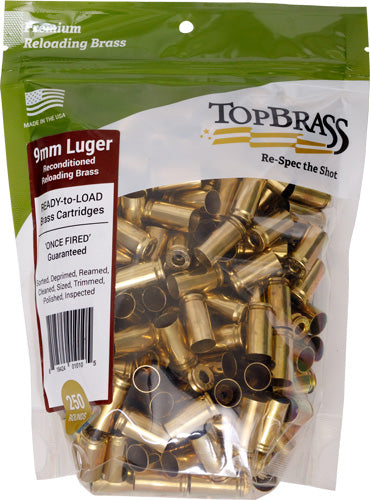 Top Brass Once Fired Unprimed - Brass 9mm 250ct Pouch